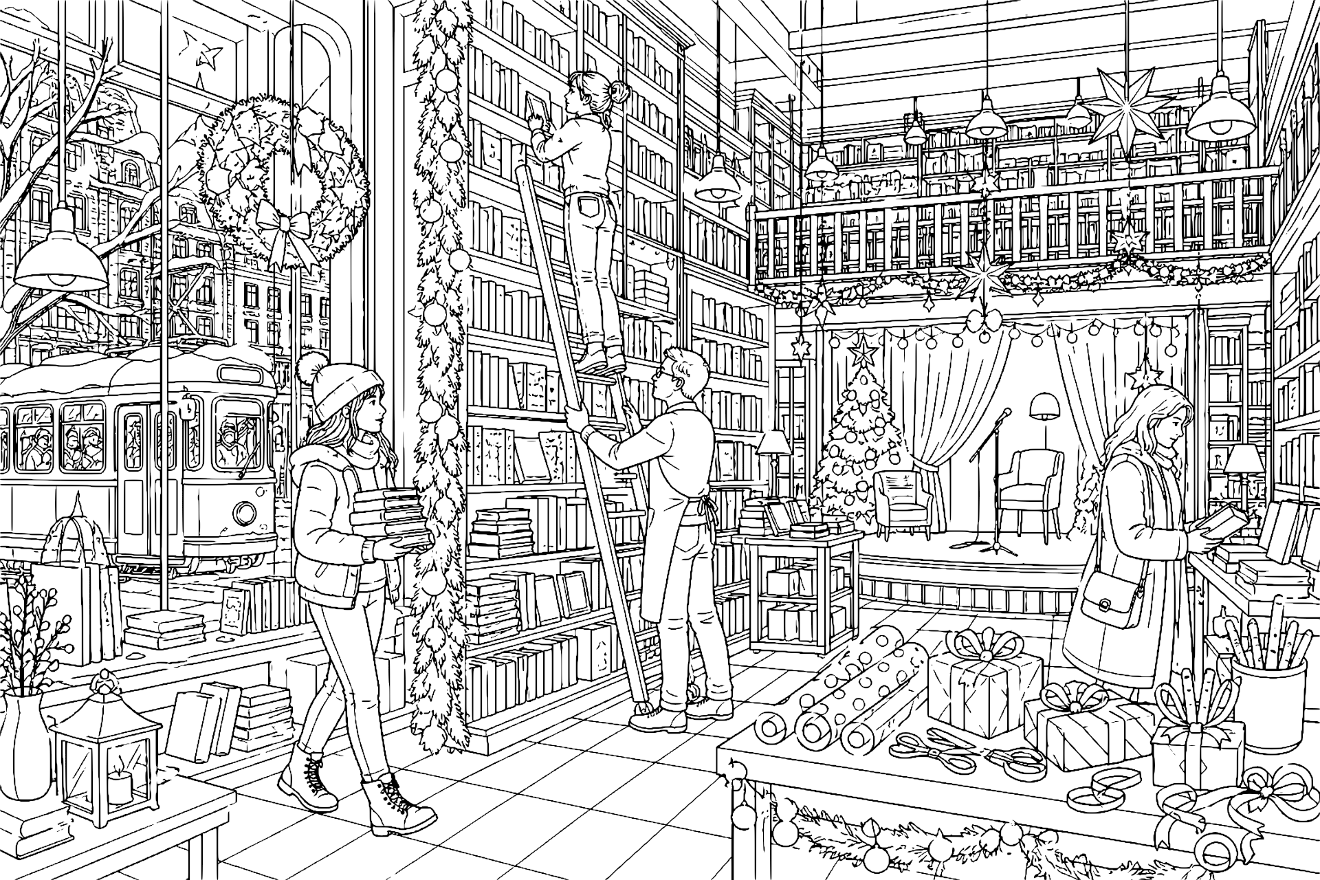 Weihnachtliche Buchhandlung bei Schneefall - Ausmalbild ab 11 Jahren