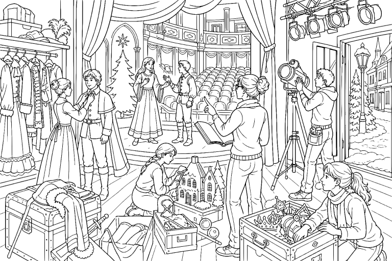 Weihnachtliche Theaterprobe hinter der Bühne - Ausmalbild ab 11 Jahren