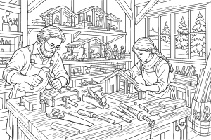 Weihnachtliche Werkstatt des Krippenbauers - Ausmalbild ab 11 Jahren
