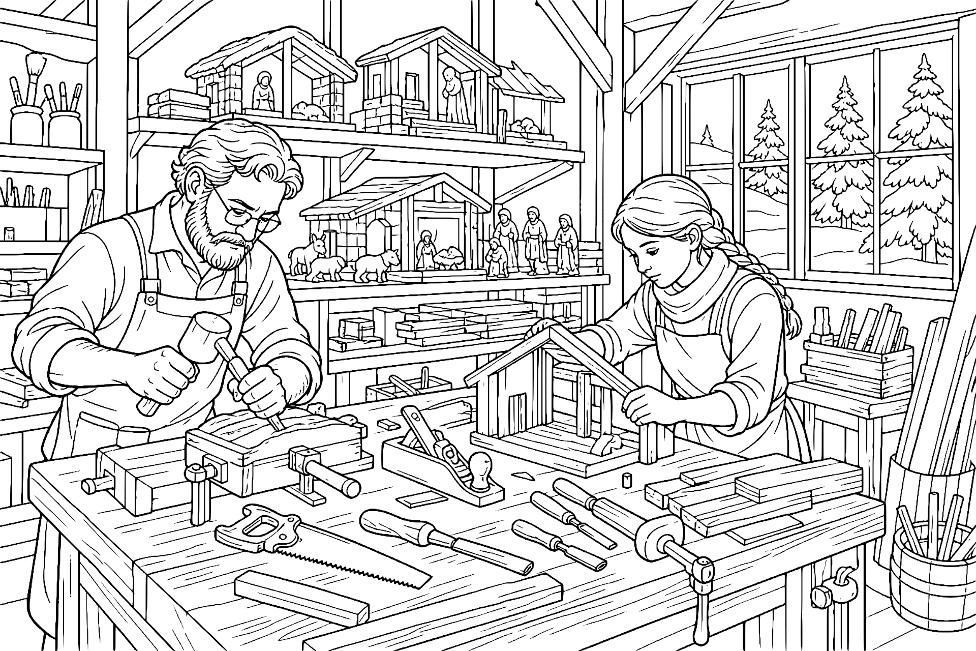 Weihnachtliche Werkstatt des Krippenbauers - Ausmalbild ab 11 Jahren
