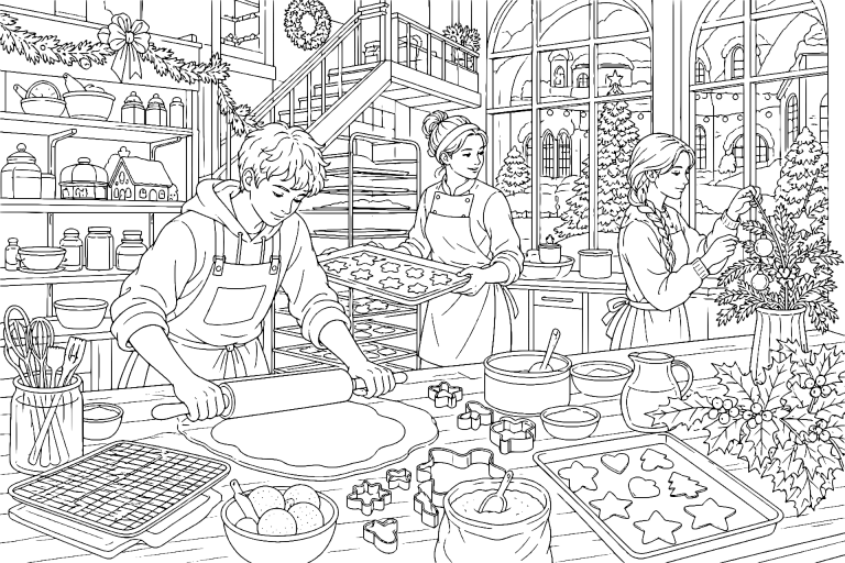 Weihnachtsbäckerei im alten Stadthaus - Ausmalbild ab 11 Jahren