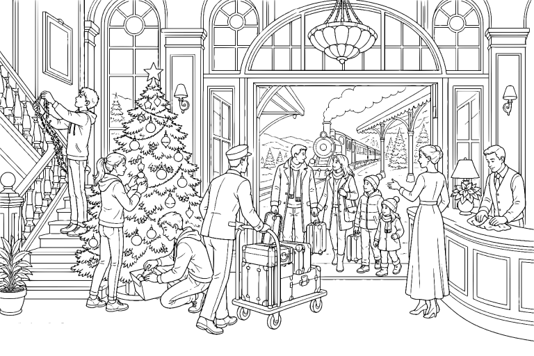 Weihnachtsfeier im alten Bahnhofshotel - Ausmalbild ab 11 Jahren