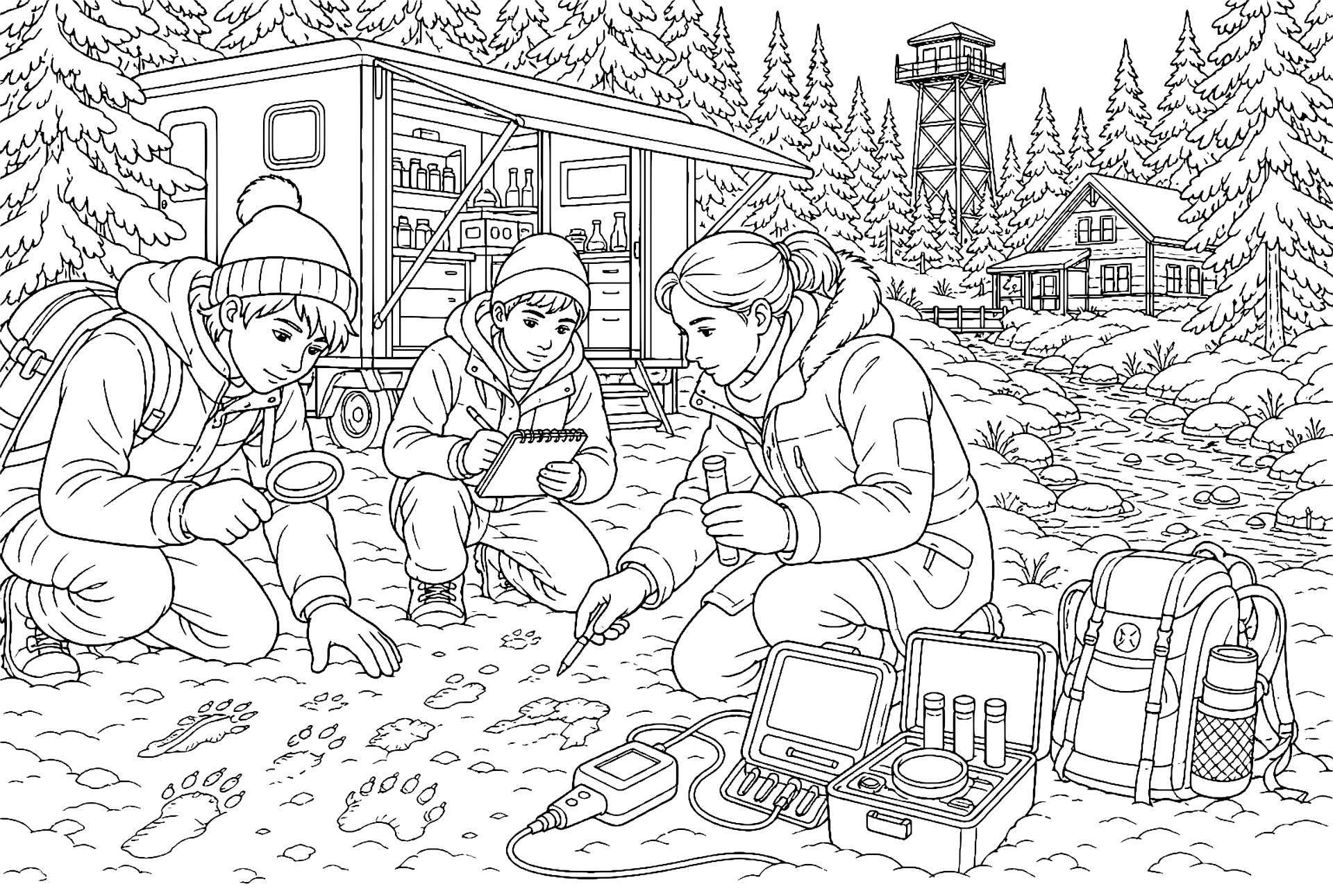 Weihnachtsforschung im verschneiten Waldlabor - Ausmalbild ab 11 Jahren