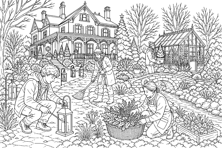 Weihnachtsgarten der historischen Villa - Ausmalbild ab 11 Jahren