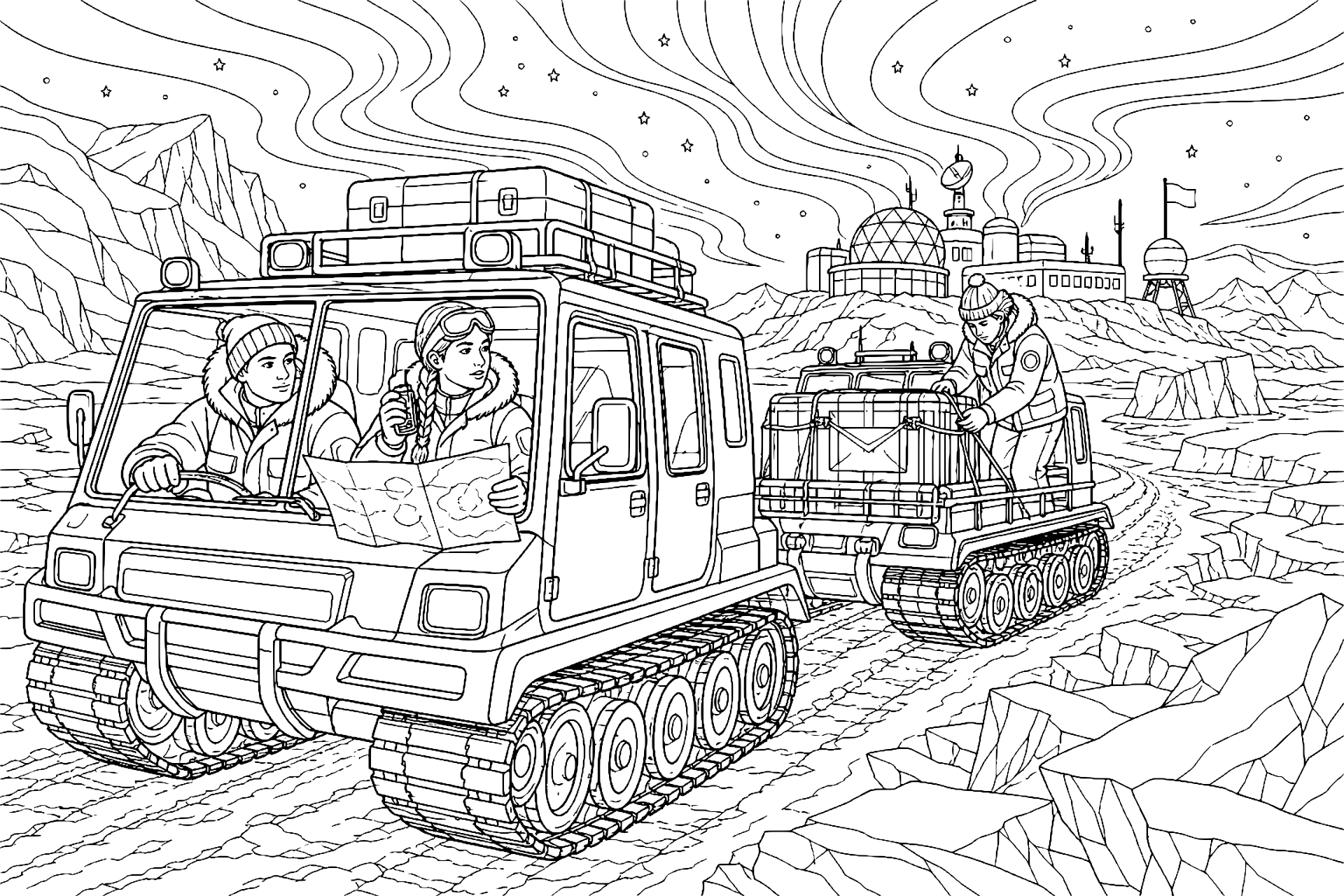 Weihnachtskonvoi durch die Polarlandschaft - Ausmalbild ab 11 Jahren