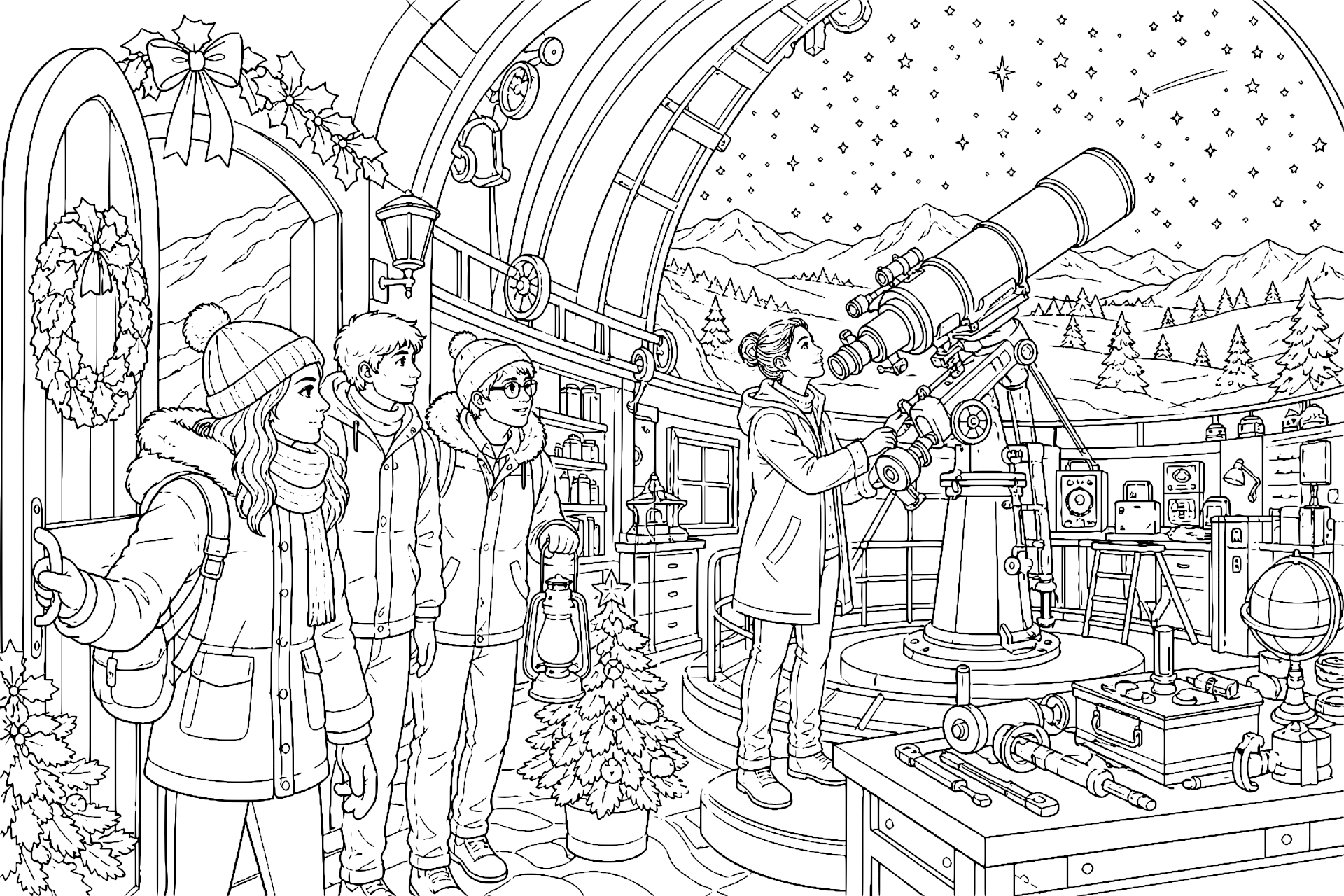 Weihnachtslicht im verlassenen Observatorium - Ausmalbild ab 11 Jahren