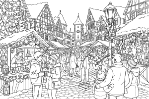 Weihnachtsmarkt im verschneiten Altstadtviertel - Ausmalbild ab 11 Jahren