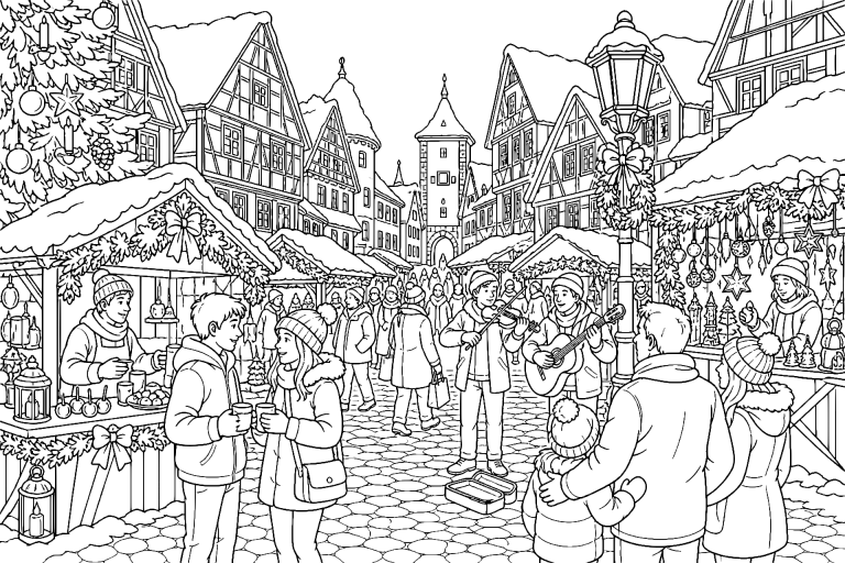 Weihnachtsmarkt im verschneiten Altstadtviertel - Ausmalbild ab 11 Jahren