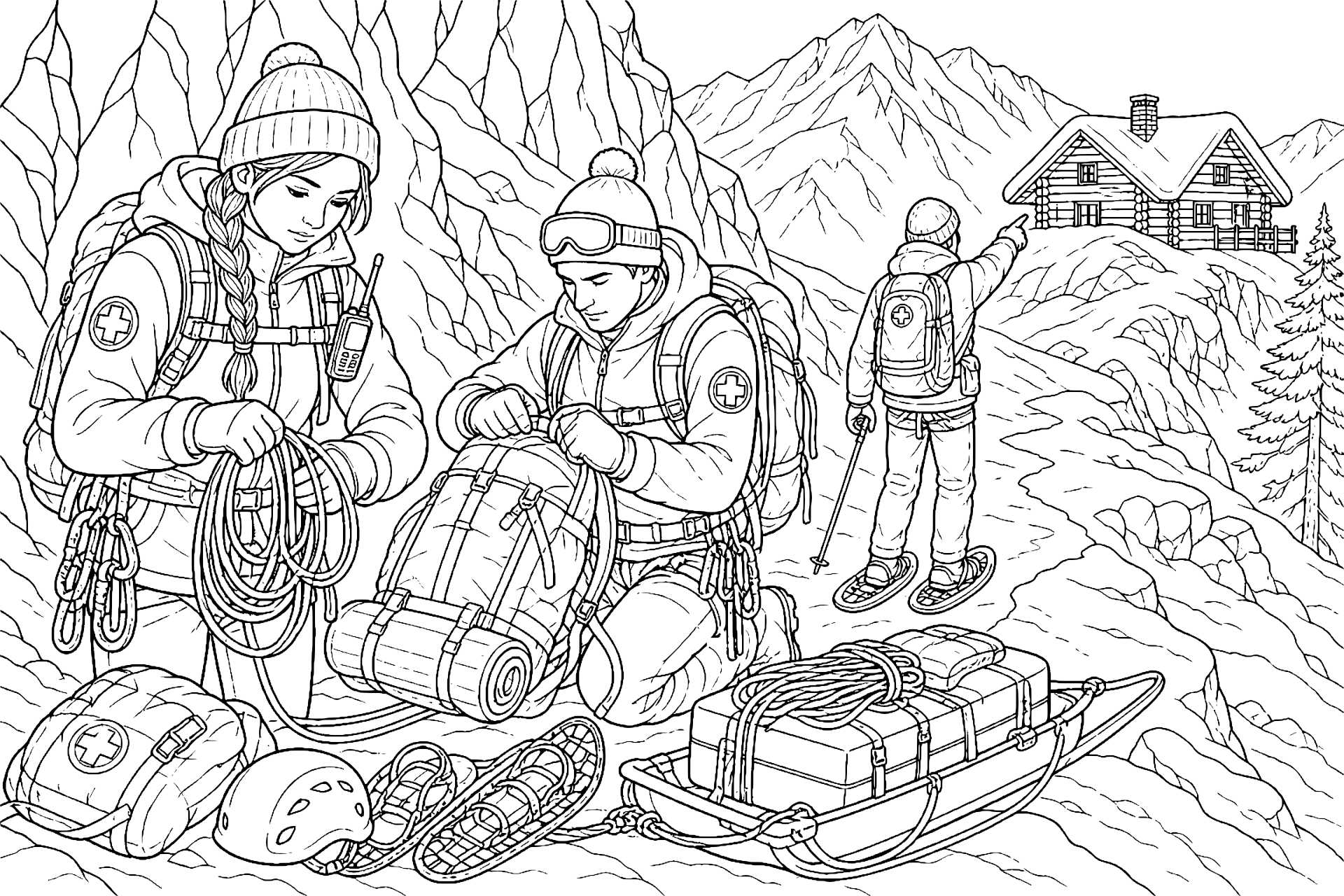 Weihnachtsmission am verschneiten Pass - Ausmalbild ab 11 Jahren