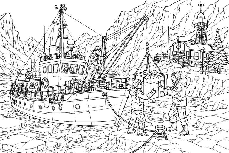 Weihnachtssegeln im gefrorenen Fjord - Ausmalbild ab 11 Jahren