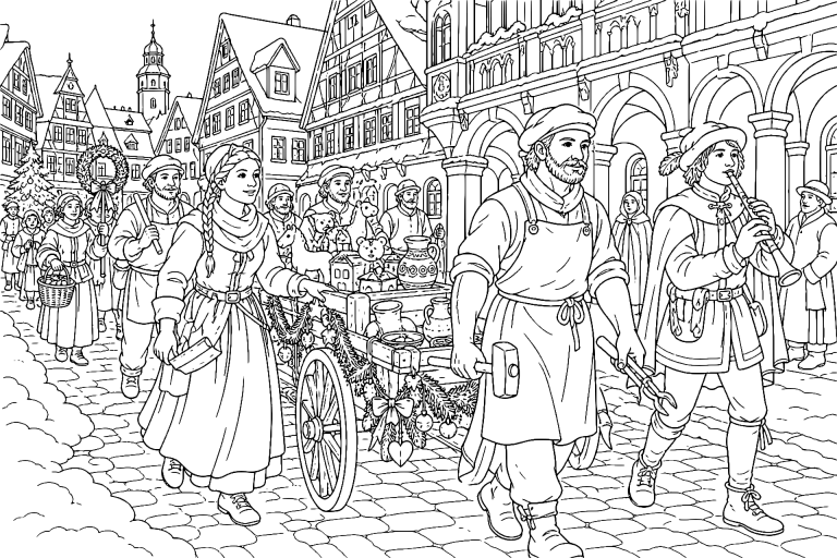 Winterliche Weihnachtsparade der Handwerker - Ausmalbild ab 11 Jahren