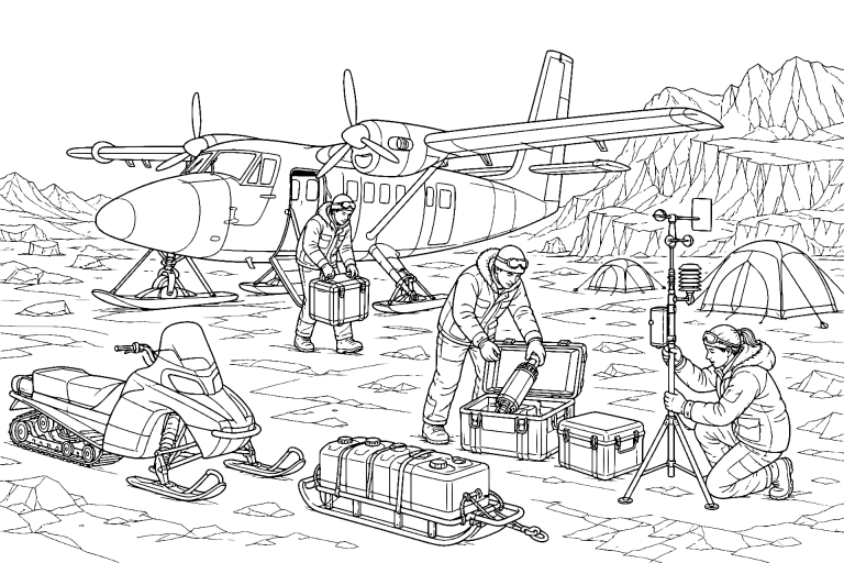 Antarktisforscher mit Forschungsflugzeug - Ausmalbild ab 11 Jahren