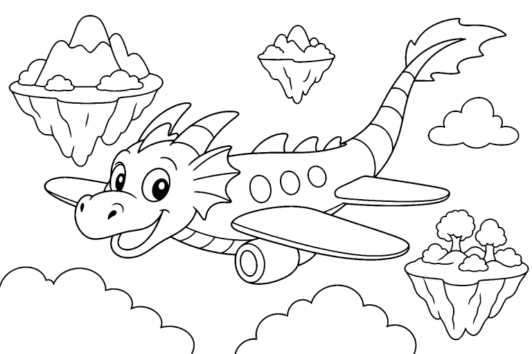 Drachenflugzeug in einer Fantasiewelt - Ausmalbild ab 6 Jahren