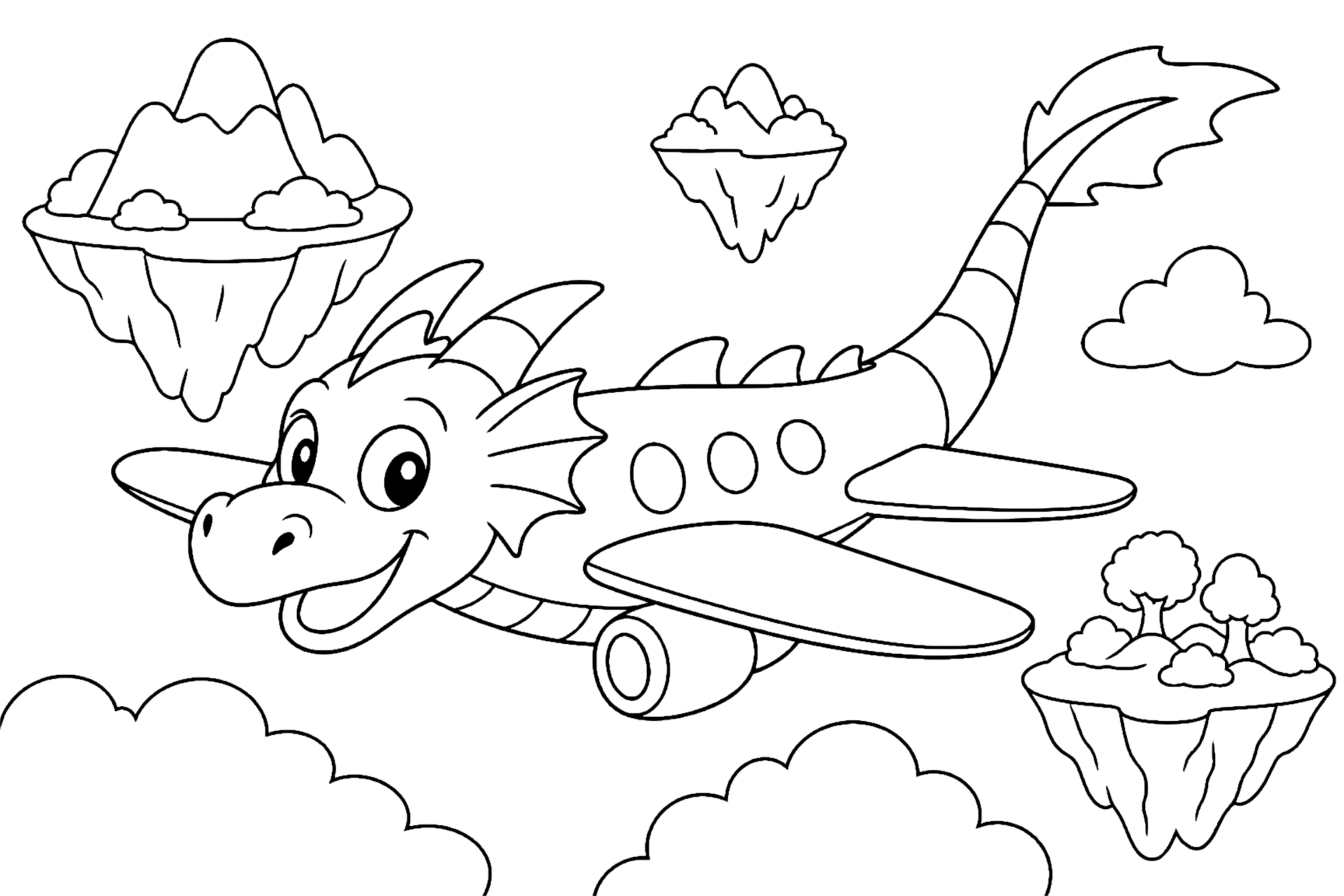 Drachenflugzeug in einer Fantasiewelt - Ausmalbild ab 6 Jahren