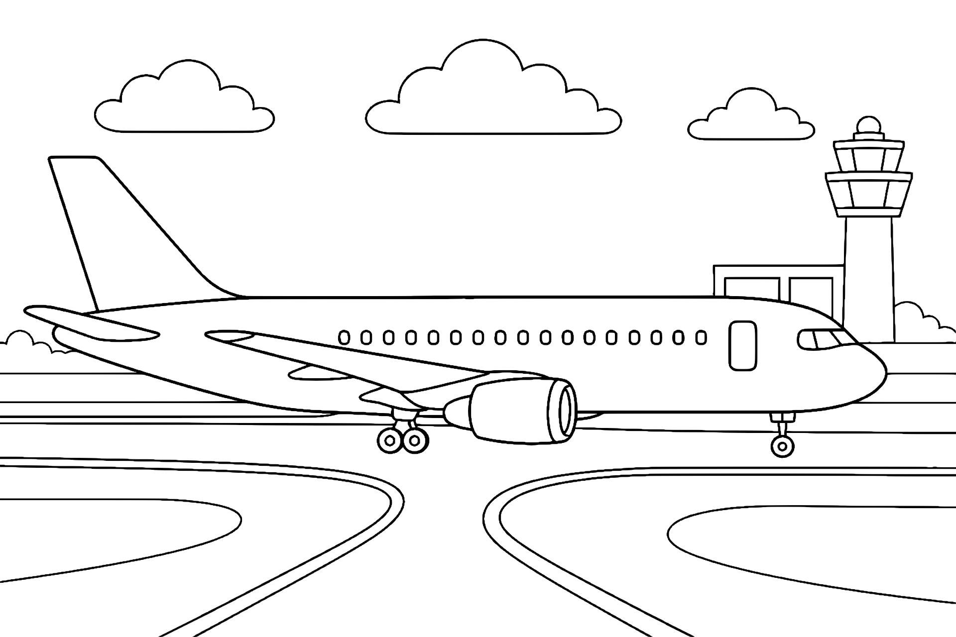 Flugzeug auf dem Flughafenrollfeld - Ausmalbild ab 6 Jahren