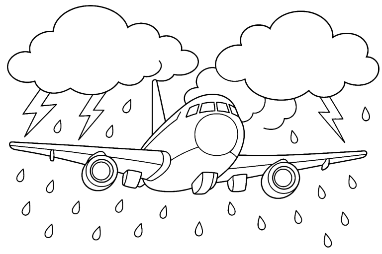 Flugzeug im Gewitterhimmel - Ausmalbild ab 6 Jahren