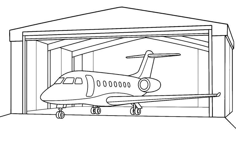 Flugzeug im Hangar - Ausmalbild ab 6 Jahren