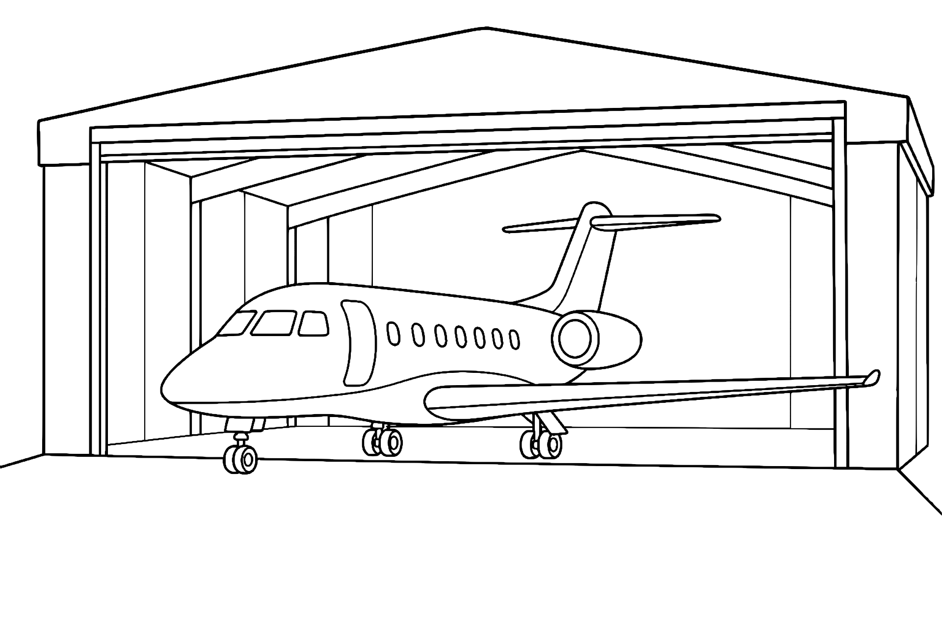 Flugzeug im Hangar - Ausmalbild ab 6 Jahren