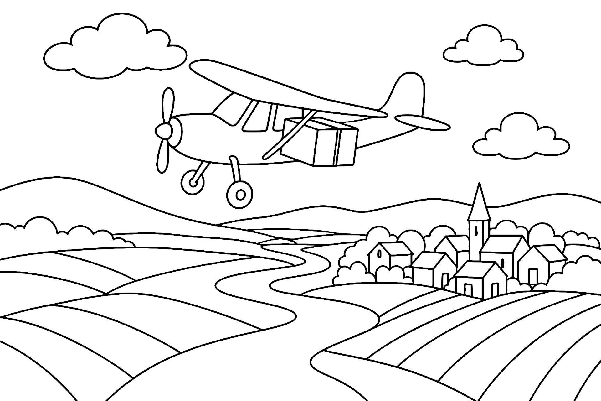 Flugzeug mit abenteuerlichem Luftpostauftrag - Ausmalbild ab 6 Jahren