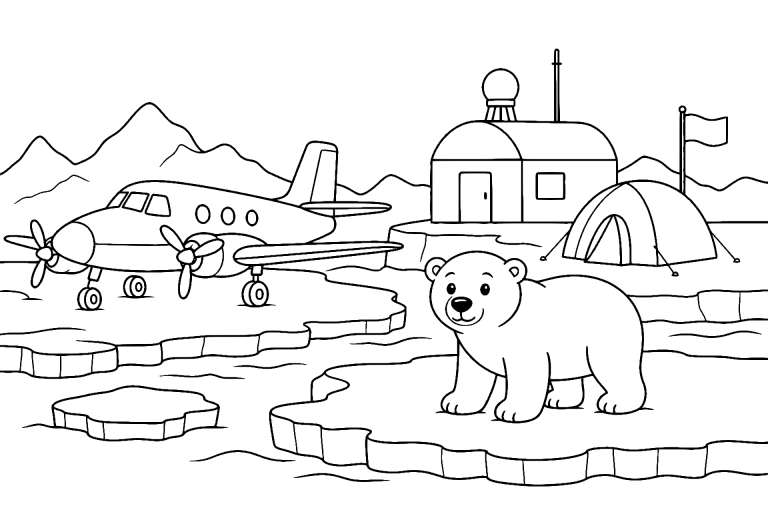 Flugzeug mit Eisbären-Forschungsmission - Ausmalbild ab 6 Jahren