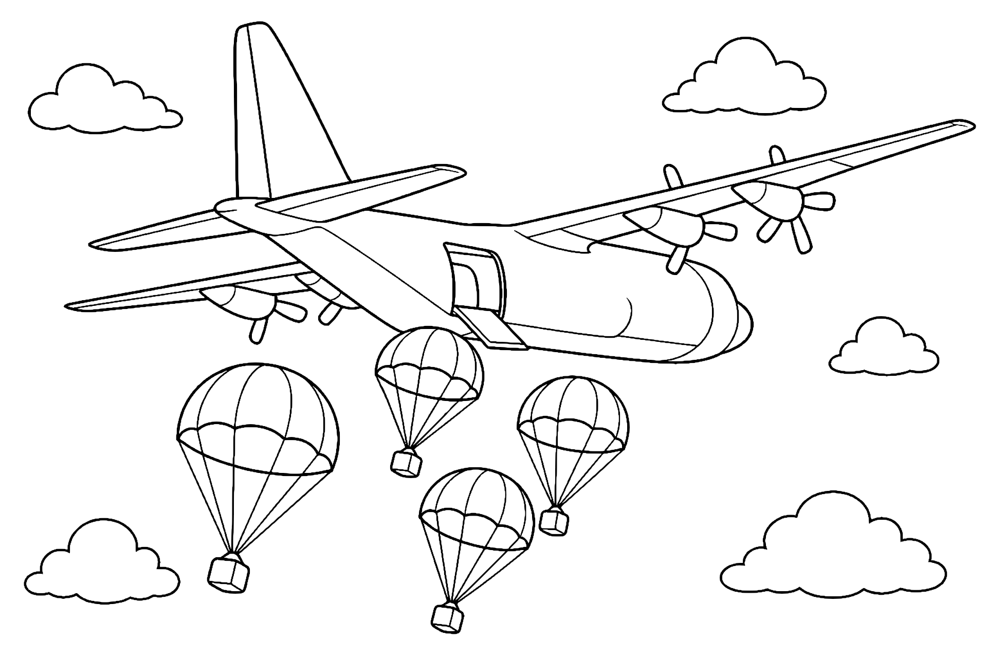Flugzeug mit Fallschirmspringern - Ausmalbild ab 6 Jahren