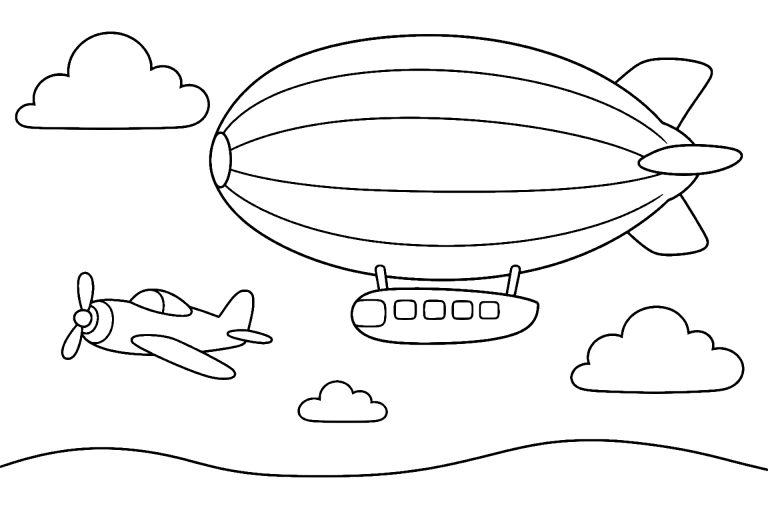 Flugzeug mit Luftschiffbegleitung - Ausmalbild ab 6 Jahren