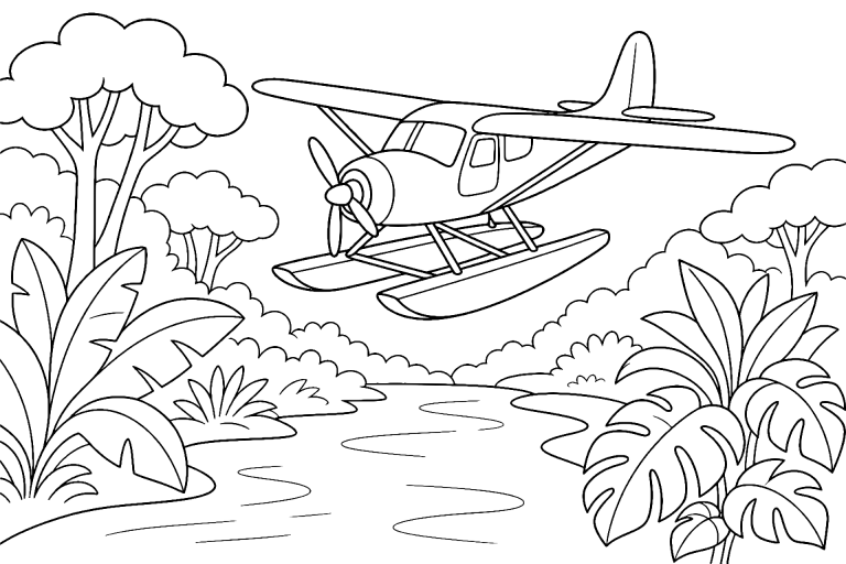 Flugzeug mit Schwimmkufen im Dschungel - Ausmalbild ab 6 Jahren