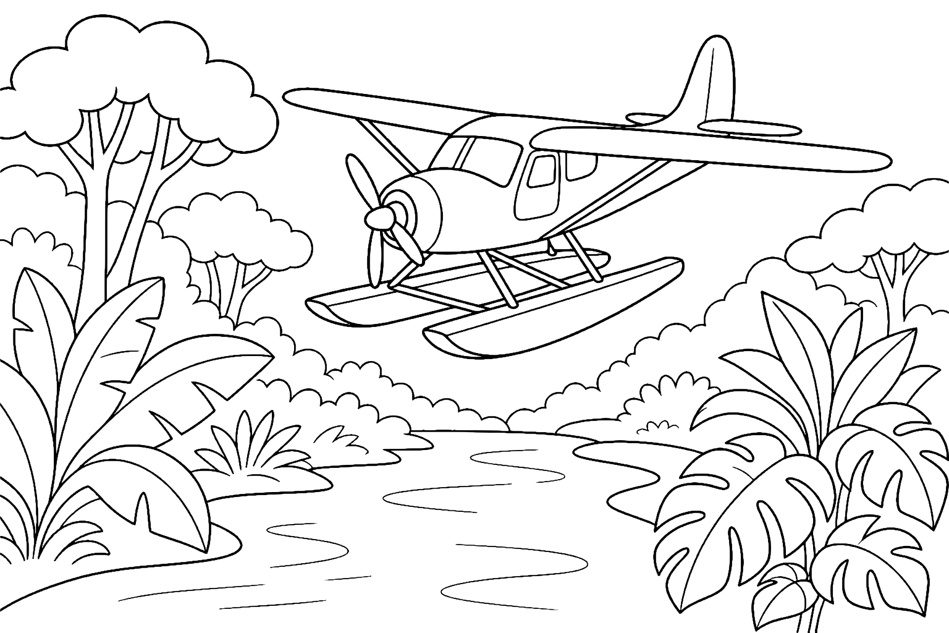 Flugzeug mit Schwimmkufen im Dschungel - Ausmalbild ab 6 Jahren