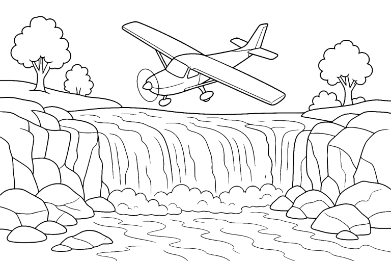 Flugzeug über einem Wasserfall - Ausmalbild ab 6 Jahren