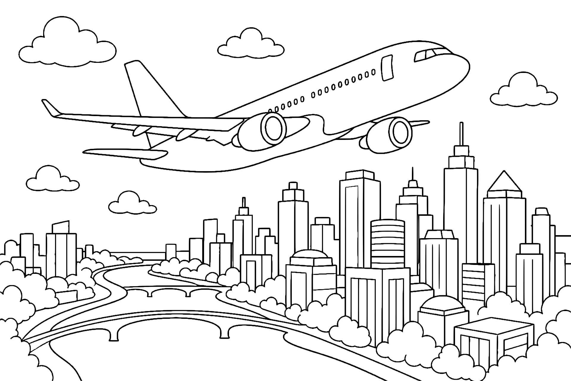 Flugzeug über einer Großstadt - Ausmalbild ab 6 Jahren