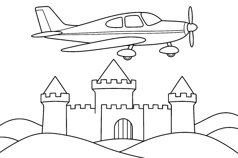 Flugzeug über einer mittelalterlichen Burg - Ausmalbild ab 6 Jahren