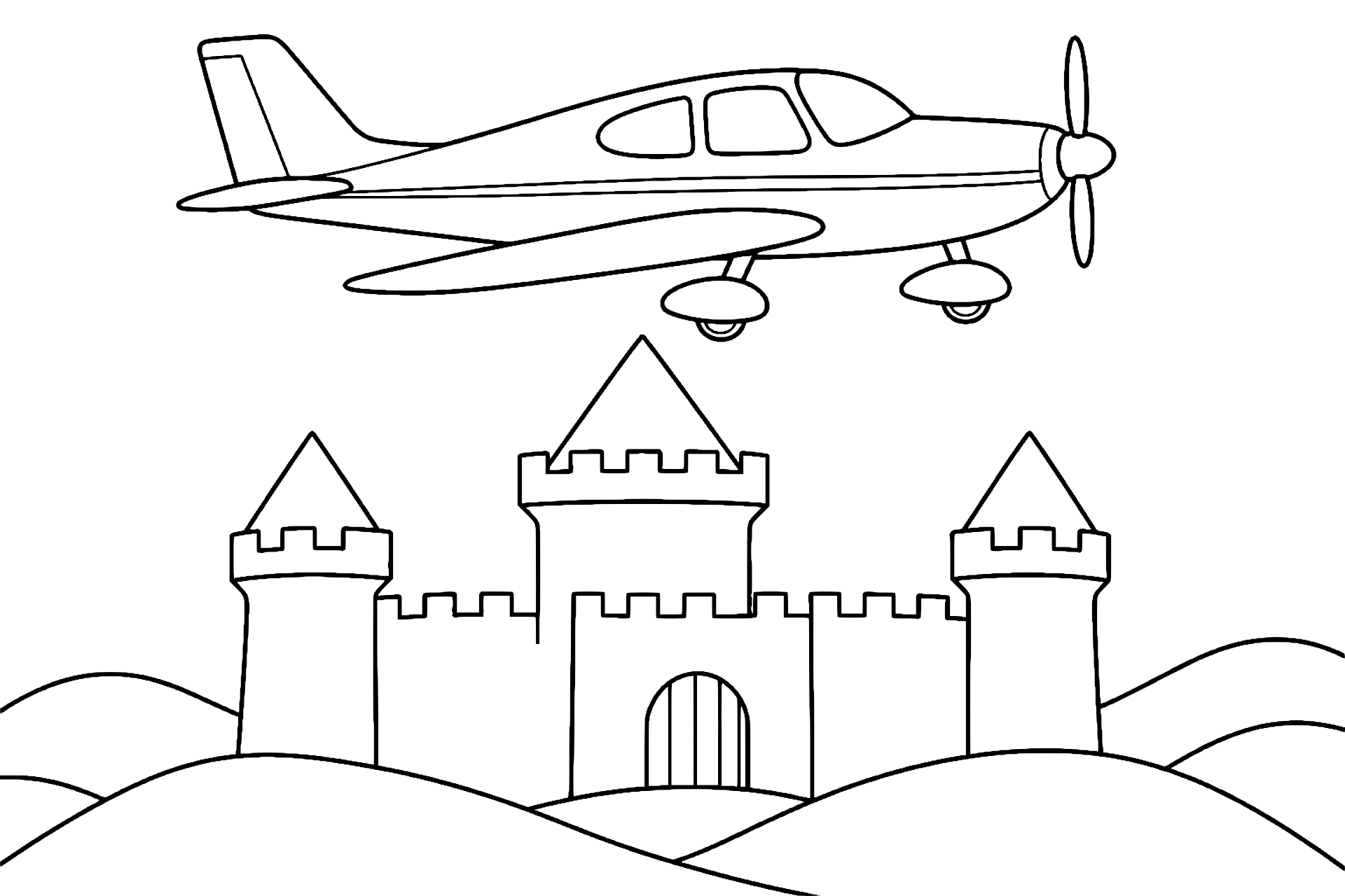 Flugzeug über einer mittelalterlichen Burg - Ausmalbild ab 6 Jahren