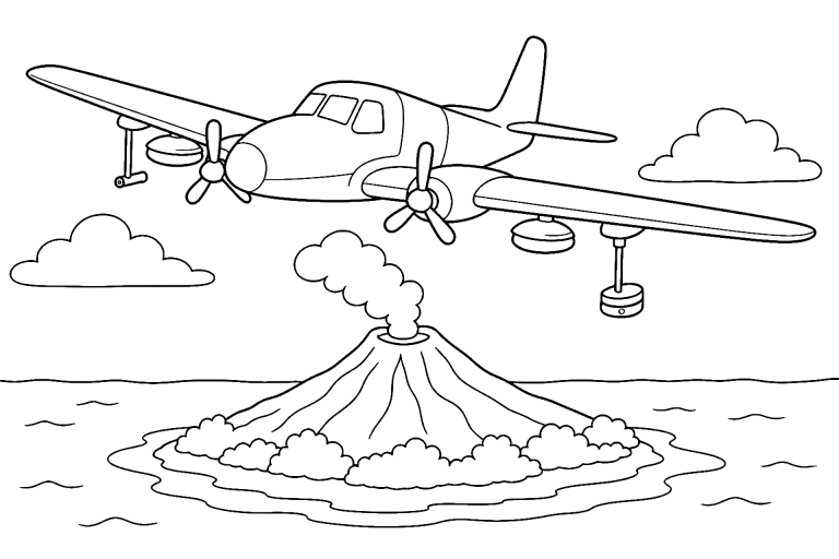 Flugzeug über einer Vulkaninsel - Ausmalbild ab 6 Jahren