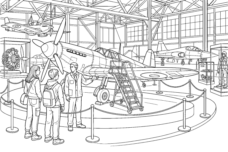 Flugzeugmuseum mit restauriertem Jagdflugzeug - Ausmalbild ab 11 Jahren