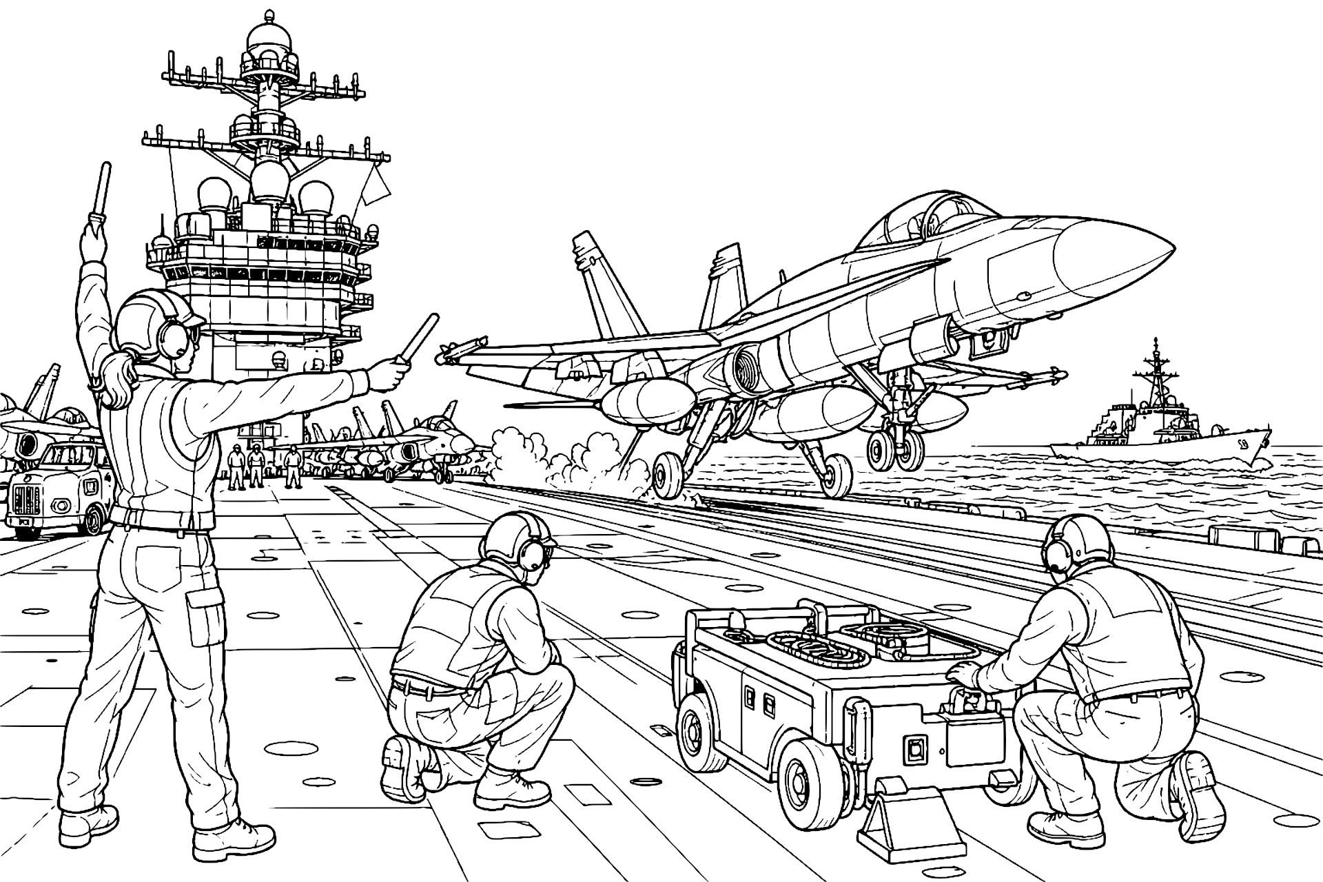 Flugzeugträger mit startendem Marineflugzeug - Ausmalbild ab 11 Jahren