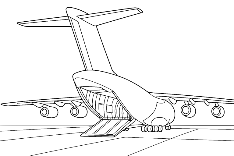 Frachtflugzeug mit geöffneter Laderampe - Ausmalbild ab 6 Jahren