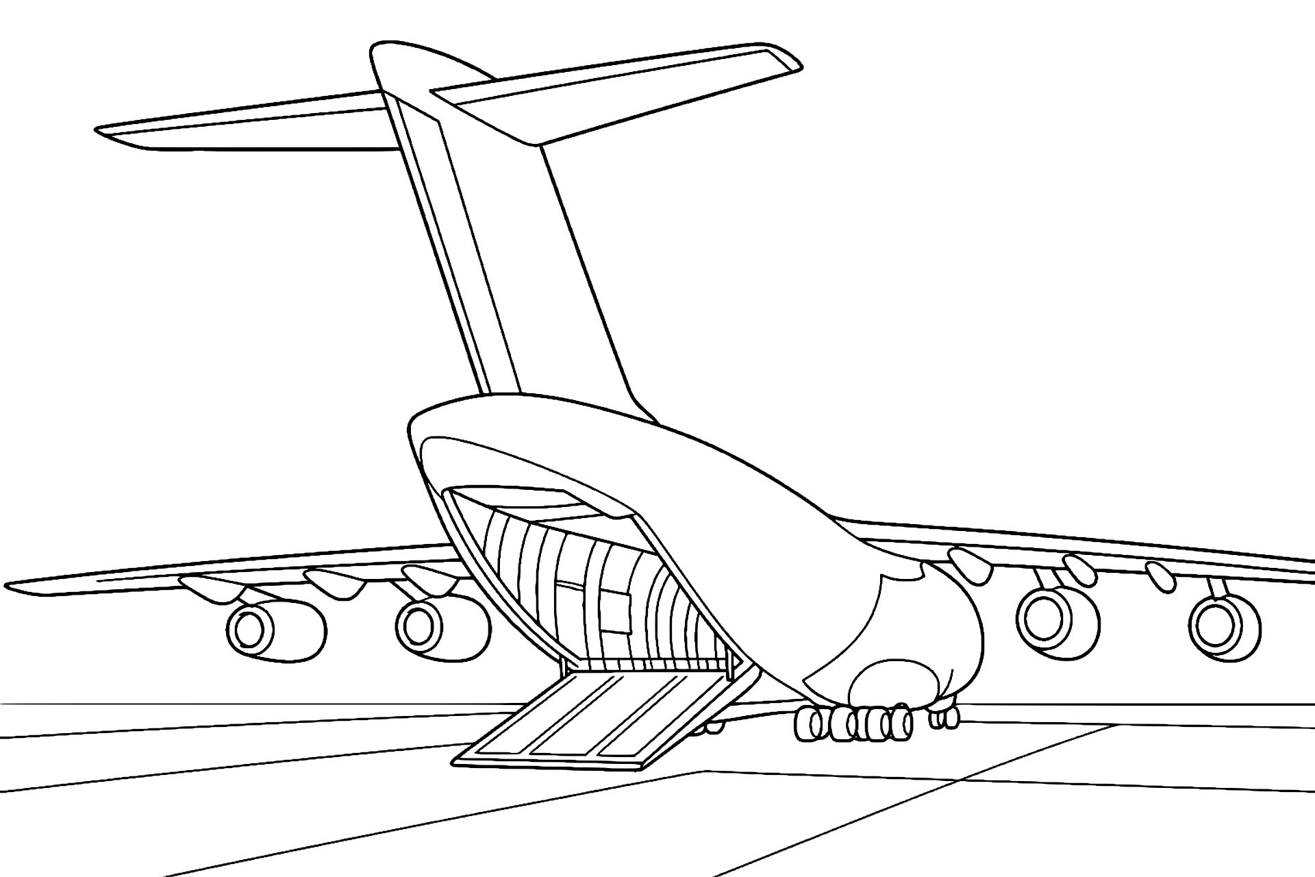 Frachtflugzeug mit geöffneter Laderampe - Ausmalbild ab 6 Jahren