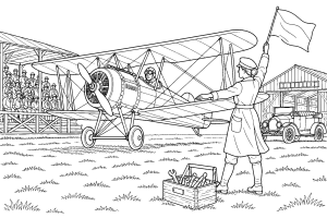 Historisches Doppeldeckerflugzeug auf einer Flugschau - Ausmalbild ab 11 Jahren