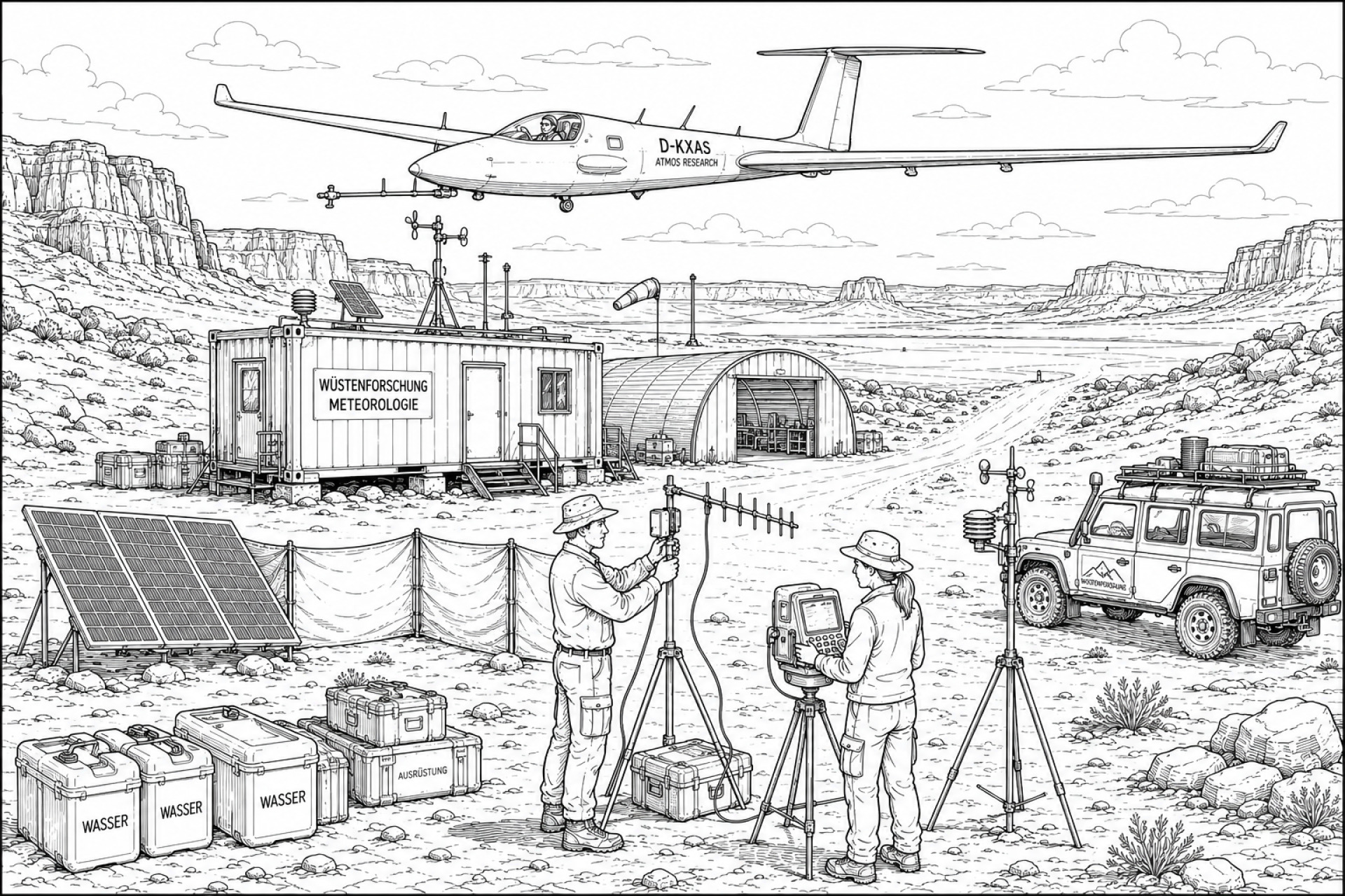 Höhenflugzeug über einer Wüstenstation - Ausmalbild ab 11 Jahren