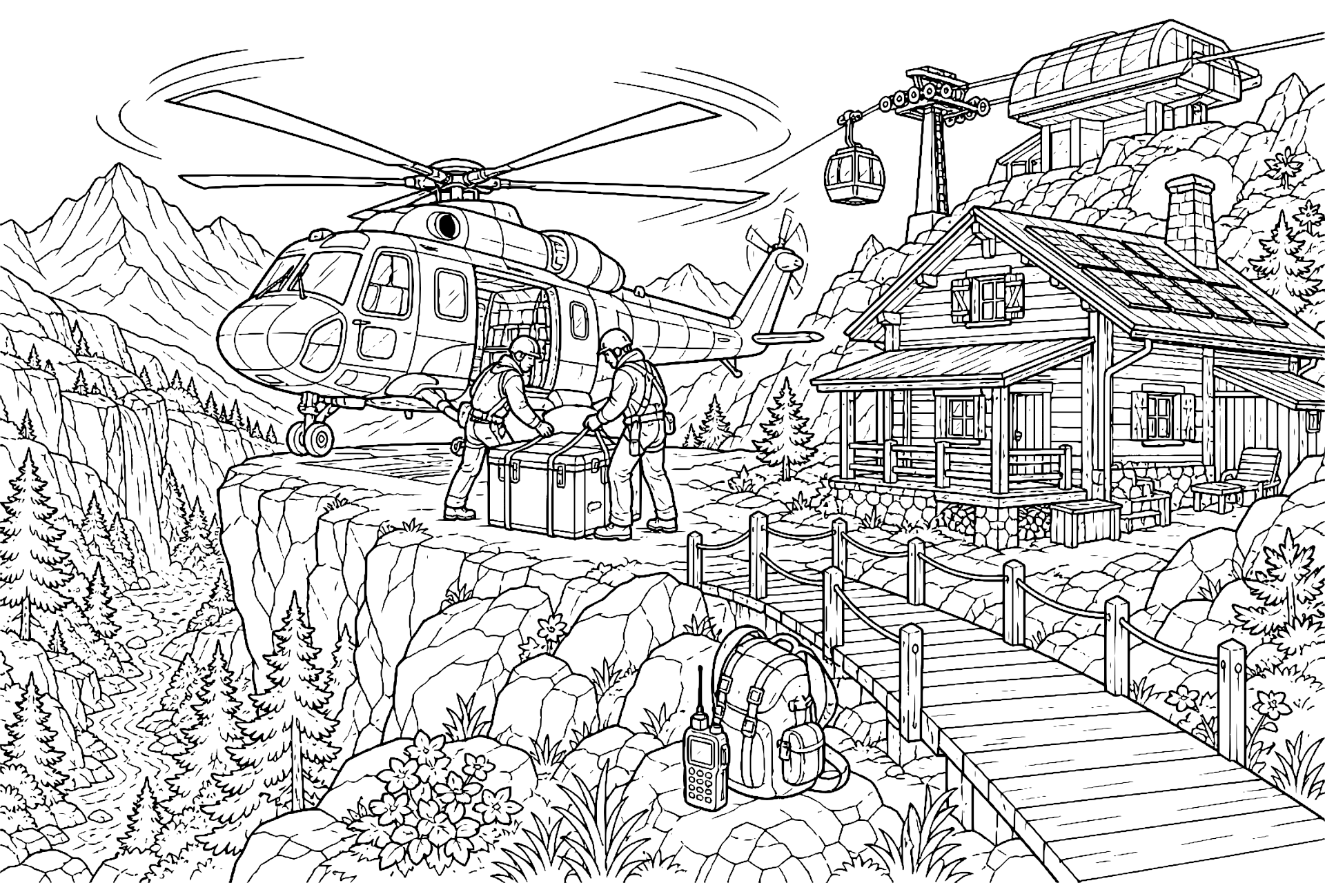 Hubschrauber landet auf einer Berghütte - Ausmalbild ab 11 Jahren