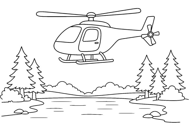 Hubschrauber über einem Waldsee - Ausmalbild ab 6 Jahren