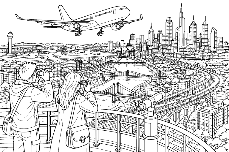 Nachtflug über einer beleuchteten Stadt - Ausmalbild ab 11 Jahren