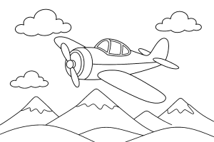 Propellerflugzeug über einer Berglandschaft - Ausmalbild ab 6 Jahren