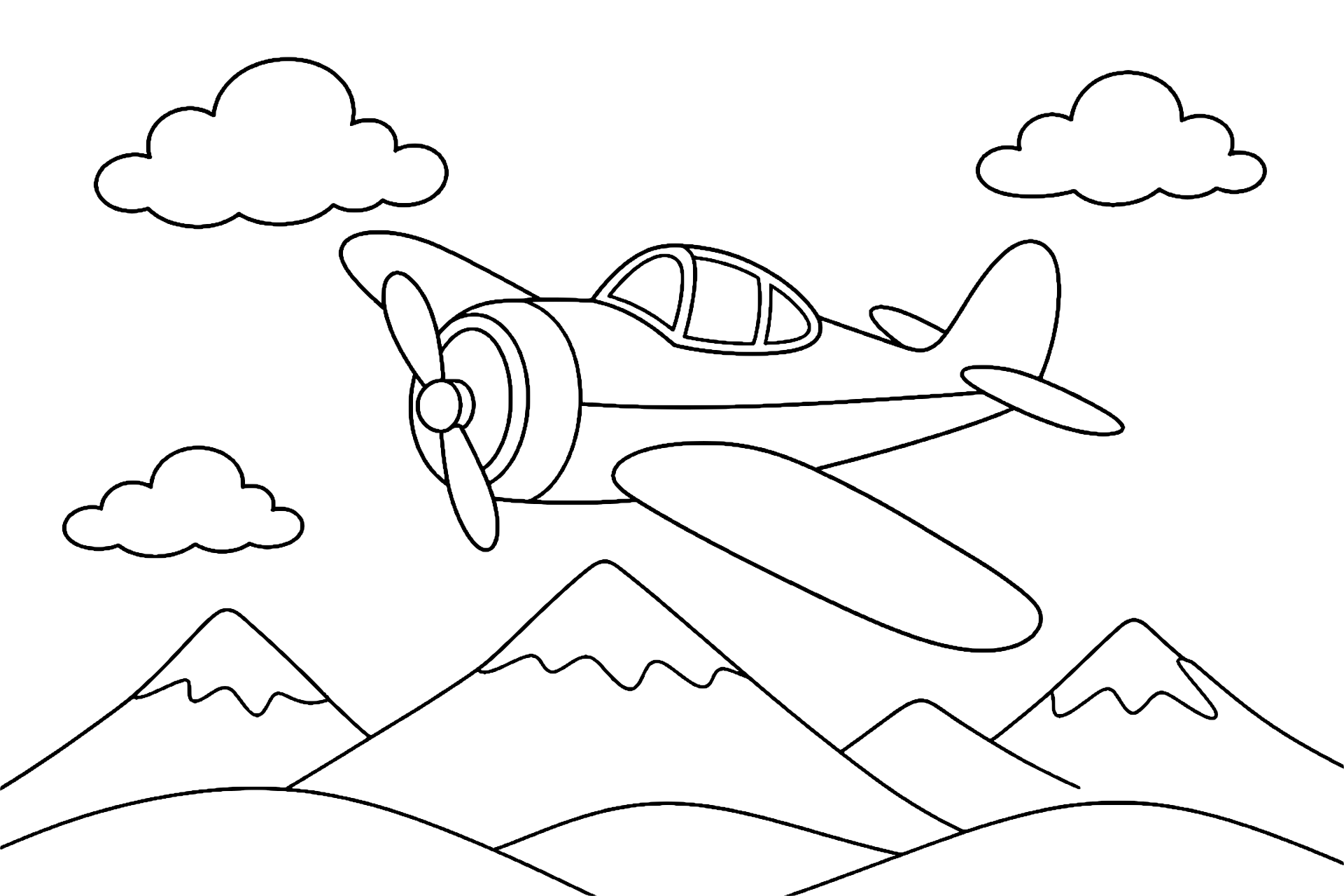Propellerflugzeug über einer Berglandschaft - Ausmalbild ab 6 Jahren