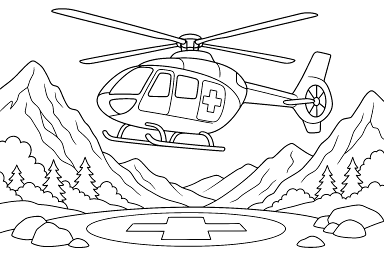 Rettungshubschrauber über dem Gebirge - Ausmalbild ab 6 Jahren