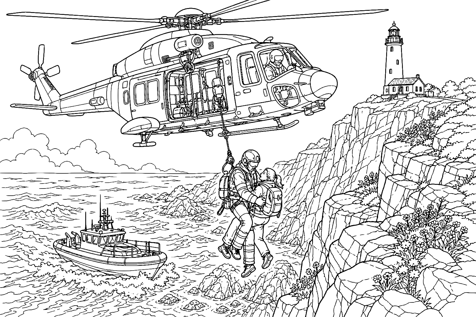 Rettungshubschrauber über einer Küstenklippe - Ausmalbild ab 11 Jahren
