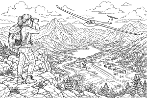 Segelflugzeug über einer Berglandschaft - Ausmalbild ab 11 Jahren