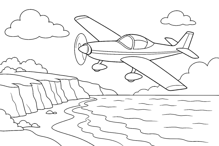 Sportflugzeug über einer Küste - Ausmalbild ab 6 Jahren