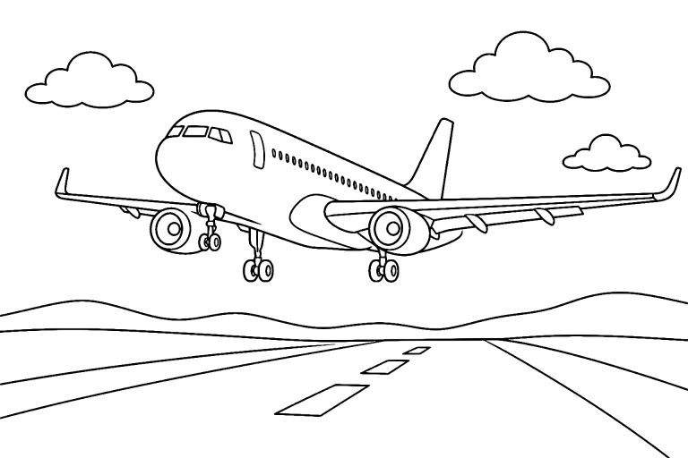 Verkehrsflugzeug im Anflug - Ausmalbild ab 6 Jahren