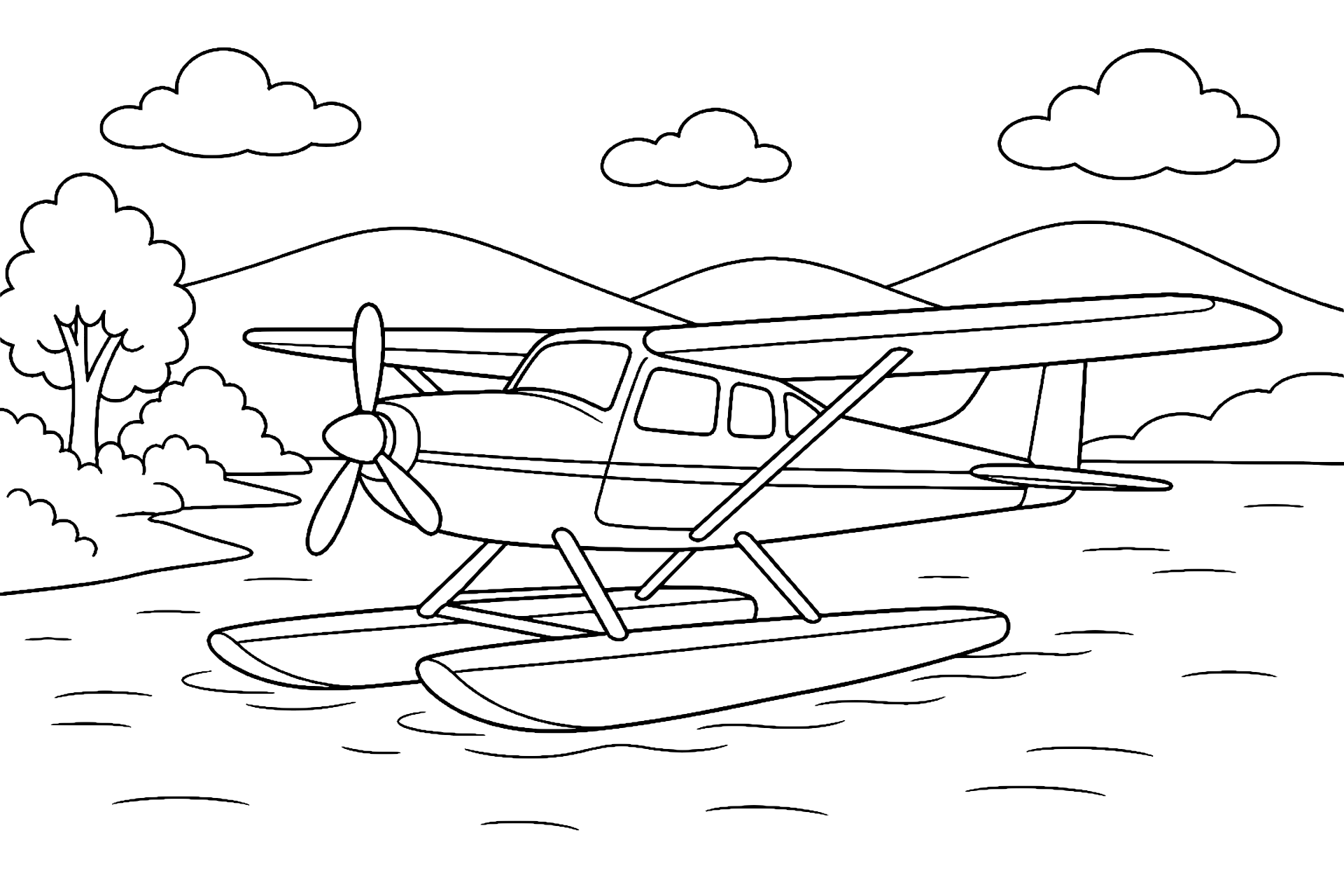 Wasserflugzeug auf einem See - Ausmalbild ab 6 Jahren